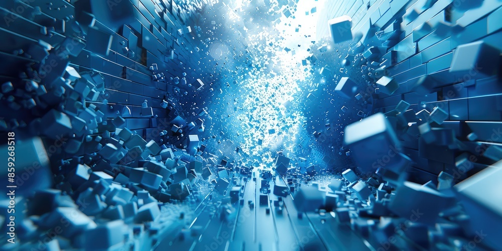 Poster a 3d illustration of a pixel explosion from a pixel floor, blue tones. generative ai.