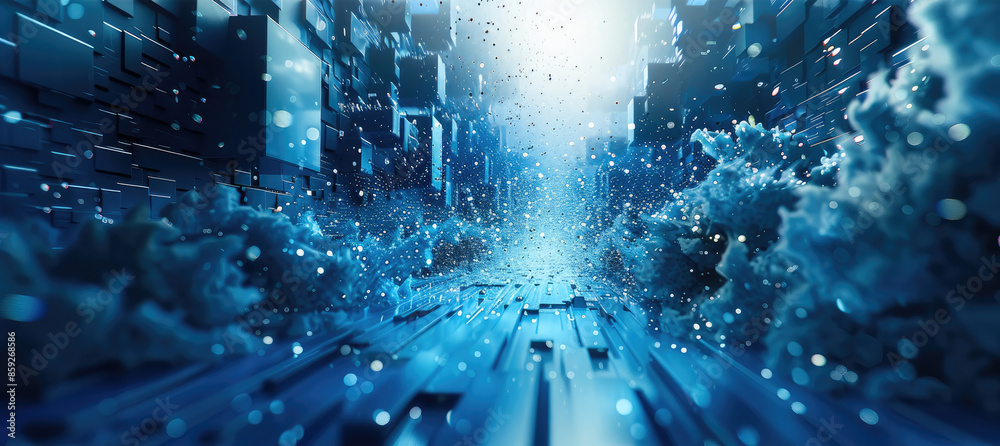 Poster a 3d illustration of a pixel explosion from a pixel floor, blue tones. Generative AI.