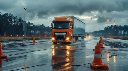 18 wheeler European truck on a test track with diversion buoys. Generative AI.