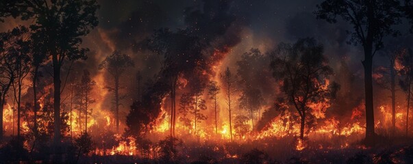 Fototapeta premium Forest fire at night with intense flames, environmental disaster concept