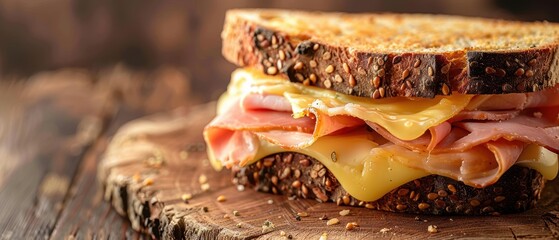 Close-up of a delicious ham and cheese sandwich with whole grain bread on a rustic wooden background, perfect snack or meal.