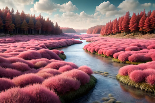 Pink Grass And River In A Forest Landscape On A Sunny Day
