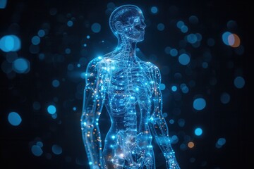 a technical wireframe render of a full human body,facing the camera, on black Background