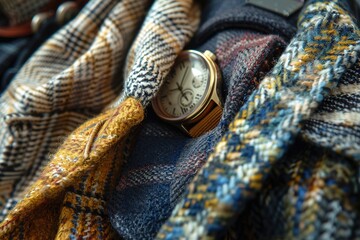 Close-up of a classic watch among textured sweaters, showcasing a blend of vintage fashion and comfort.