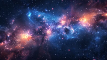 Fototapeta premium Vibrant image of cosmic nebula featuring array of colors like blue, purple, and orange, showcasing beauty and vastness of deep space with countless stars.