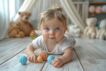 Naklejka premium Adorable baby lying on the floor and playing with toys.
