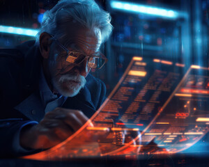 Elderly Man Analyzing Futuristic Data Screens in High Tech Cybersecurity Command Center with Digital Holograms and Advanced Technology Monitoring System in a Sci Fi Themed Environment