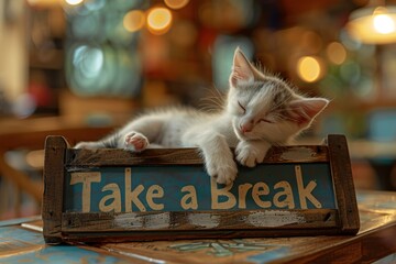 Cute Kitten Sleeping on "Take a Break" Signboard with Blurred Background