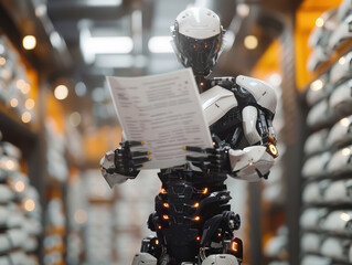 Futuristic Robot Analyzing Data in High Tech Warehouse Setting with Advanced AI Technology and Automation Systems for Efficient Data Processing and Management in Industrial Environment