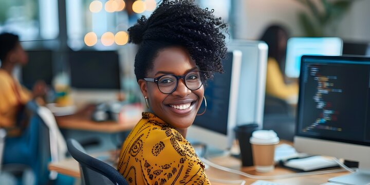 African American woman DevOps Engineer works with data in modern office. Concept Data Analysis, Career in Tech, Diversity in Tech, Professional Woman, Office Environment