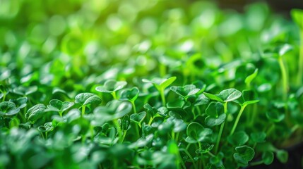 Close-up of fresh green microgreens growing in vibrant sunlight, showcasing tiny leaves and a lush, healthy garden setting.