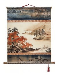 A traditional Japanese wall scroll with scenic artwork, isolated on a solid white background