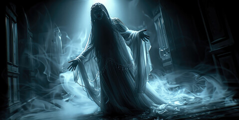 A scary ghost lady lurking in the shadows, hovering and screaming in agony, full body shot. Generative AI.