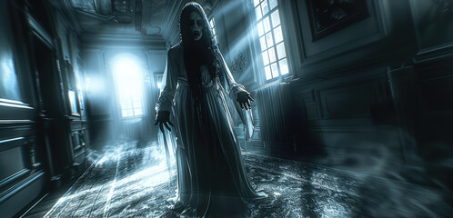A scary ghost lady lurking in the shadows, hovering and screaming in agony, full body shot. Generative AI.