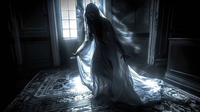 A scary ghost lady lurking in the shadows, hovering and screaming in agony, full body shot. Generative AI.