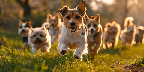 Happy dogs and cats running in park smiling at camera on sunny day. Concept Pets, Outdoor, Sunny Day, Animal Photography