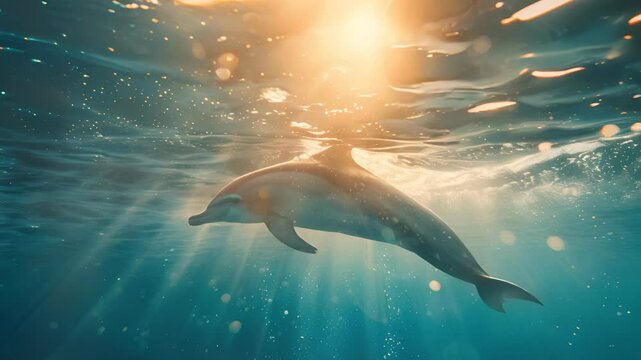 A dolphin swimming gracefully under the sunlight in the ocean, capturing the essence of marine life and the beauty of underwater scenery.