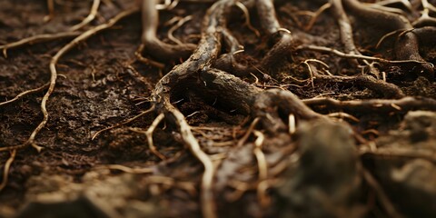 Fototapeta premium Closeup of intricate root network in sinkhole wall macro photography. Concept Macro Photography, Nature Detail, Sinkhole Exploration, Root Network, Close-up Shot