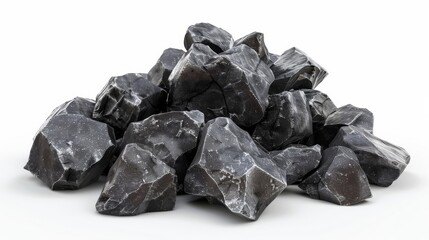 Pile of black rocks on white background, clean and crisp studio shot