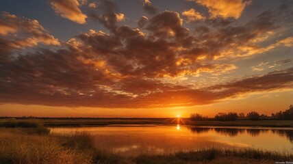 sky bathed in special warmth, featuring rich orange and golden hues. The sky is ablaze with the warm, glowing colors of sunset