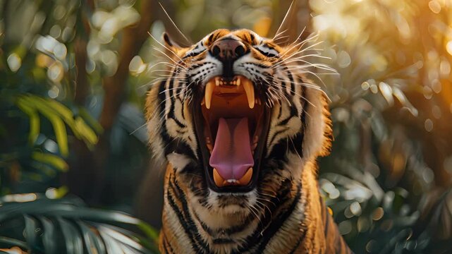 A majestic tiger roaring loudly in a lush jungle setting, showcase its strength and power under the bright sunlight for a dramatic effect.