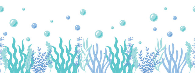 Childrens cute background. Wavy seaweeds and water bubbles. Horizontal undersea landscape. Sea and ocean flora vector illustration © Darya