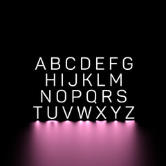 English alphabet, glowing neon letters. Square,1x1 English Alphabet,wallpaper.3D render