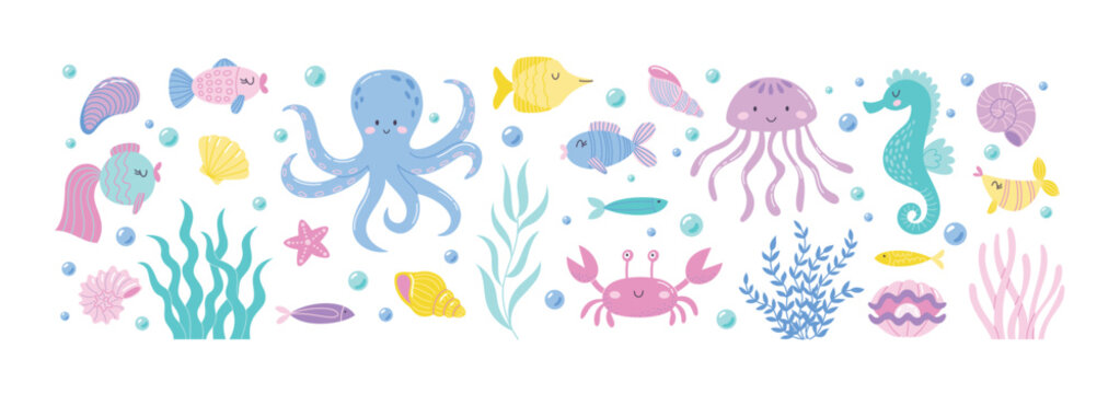Childrens cute animals. Funny undersea animals, marine shells and seaweeds. Sea and ocean life vector illustration