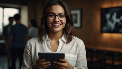 Obraz premium Portrait of a Beautiful Hispanic Female Wearing Glasses, Using Tablet Computer, Looking at Camera and Smiling