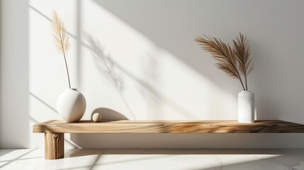Minimalist wooden shelf with dried flowers and sunlight