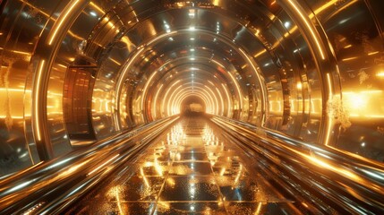 Obraz premium Futuristic Golden Tunnel with Glowing Lights