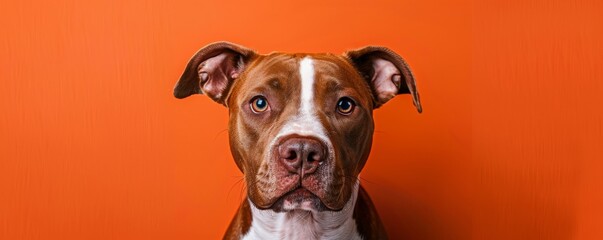 Pit bull dog portrait on orange background, close-up. Pet photography concept
