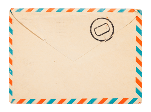 Old brown envelope with air mail mark and stamp isolated
