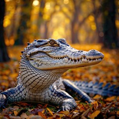 Fototapeta premium A close-up shot of an alligator resting amidst fallen leaves