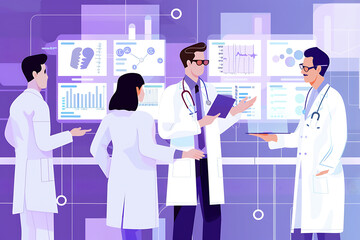 Vector IllustrationDoctors, Nurses, and Teamwork on Tablet for Hospital Management Data Report, Supporting Black Patients, Clinic Results, Research, Healthcare