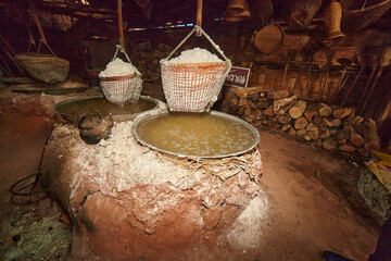 Brine boiling pots with the rusty of salt crystal 