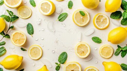 Fresh Lemons and Mint Leaves on a White Background