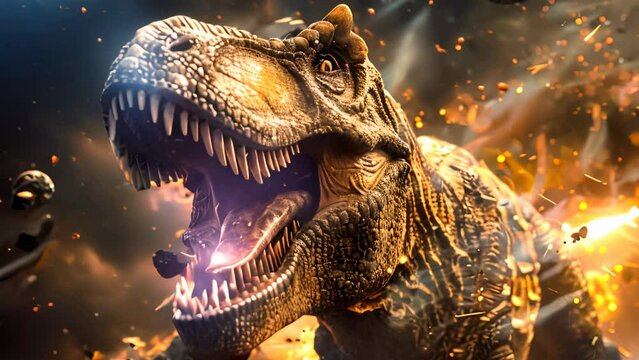A fierce T-Rex dinosaur roaring amidst a fiery explosion with flying debris and asteroids in a dramatic prehistoric scene.