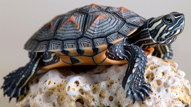 A painted turtle with a vibrant orange shell rests on a white coral rock