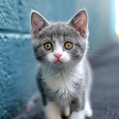 A grey and white kitten with bright eyes stares intently at the camera