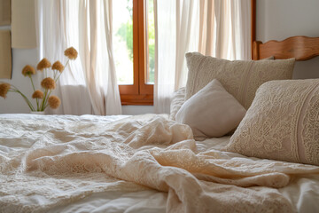 bed with lace bedding and pillows by the window

