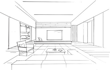 Drawing interior architectural lines. , Graphic assembly in interior design work. ,Sketch ideas for interior designs.