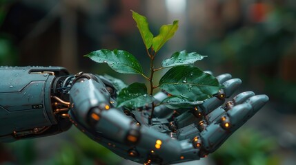 A captivating image showing a futuristic robotic hand carefully cradling a fresh, green sapling with dewdrops, symbolizing the blend of technology and nature in a harmonious coexistence.