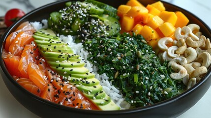 A colorful and delicious poke bowl with salmon, avocado, mango, cashews, and rice