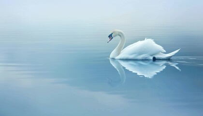 Obraz premium Elegant swan gracefully glides across serene, misty lake reflecting its pristine white feathers in the calm water.