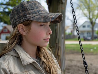 A young girl sits on a swing, lost in thought