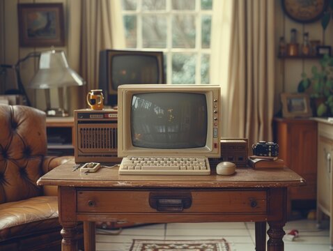 A vintage computer setup in a cozy, sunlit room