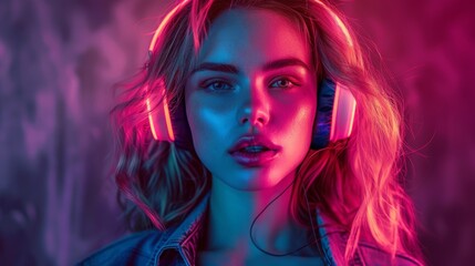 Make a realistic portrait of a beautiful woman listening to music