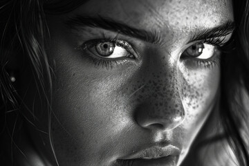 Obraz premium Black and white close up picture of a stunning woman made with generative AI