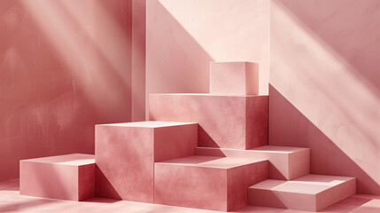 Matte-textured stone podiums in soft pink shades. Concrete texture elements. Podiums for cosmetic photography.
